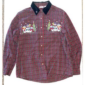 Bobbie Brooks Christmas Button Up Shirt Red Flannel Velvet Collar Size Medium